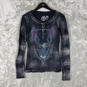 Y2K Vintage Affliction Womens Henley Womens Size Medium Grunge Cross Bike Cyber